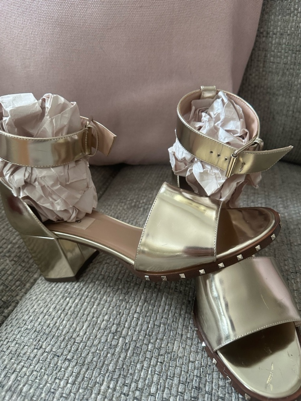 Valentino Garavani Metallic Gold Stud-Trim Block Heel Sandals - Picture 8 of 13